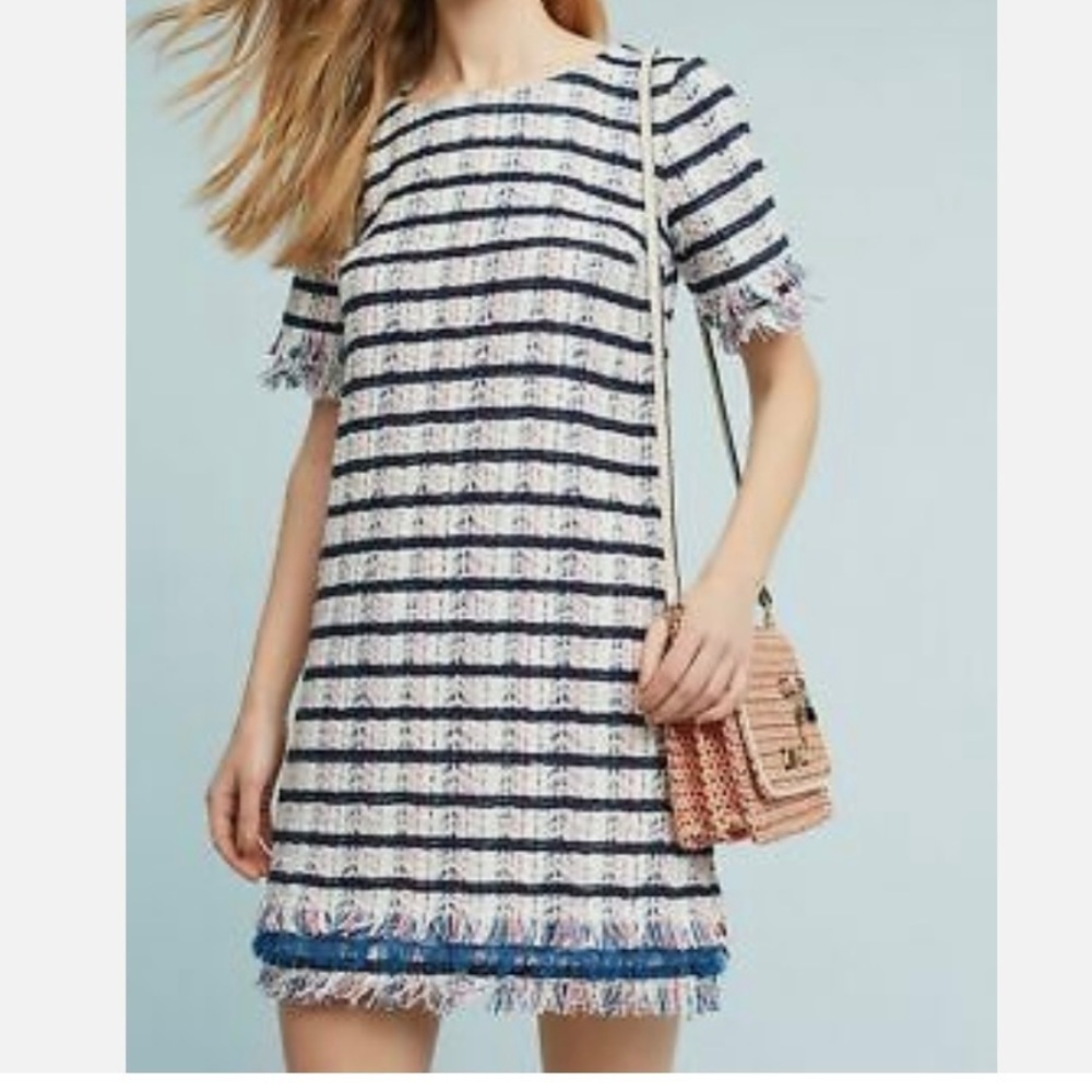 Anthropologie Dress Mietta Cotton Shift Striped Blue Pink White Knit Womens